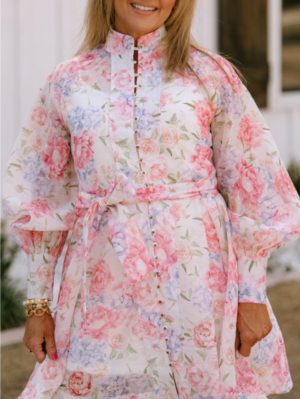 Floral Pink & Lavender Long Sleeve Tie-Waist Midi Dress